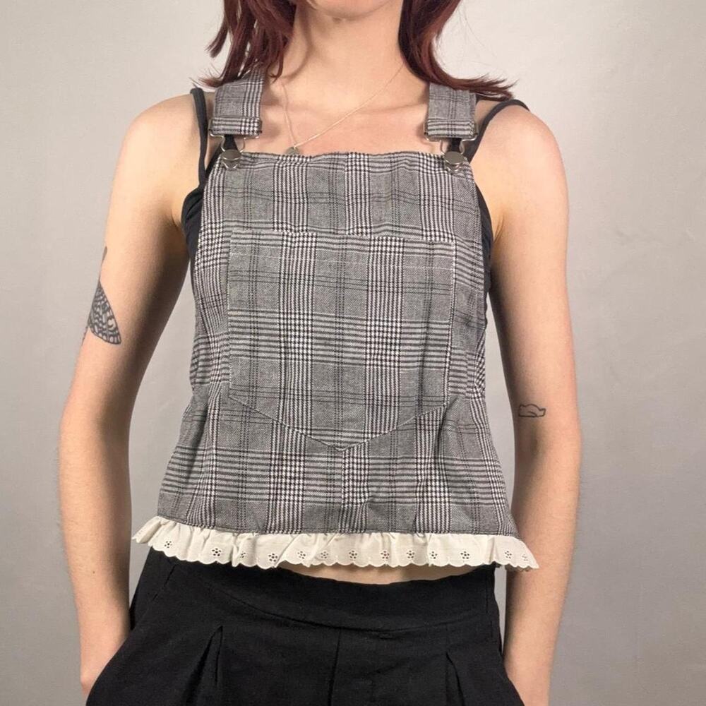 Black and white plaid “overall” top with lace detailing